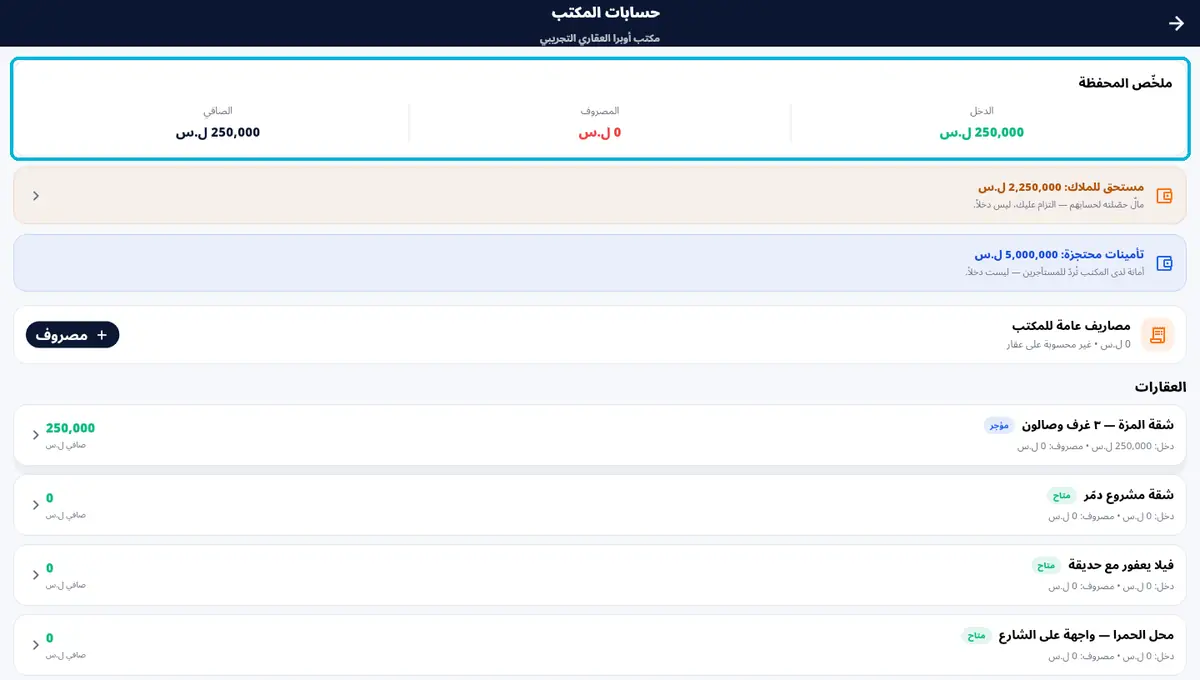لقطة من أوبرا بلاس: حسابات المكتب — الدخل · المصروف · الصافي
