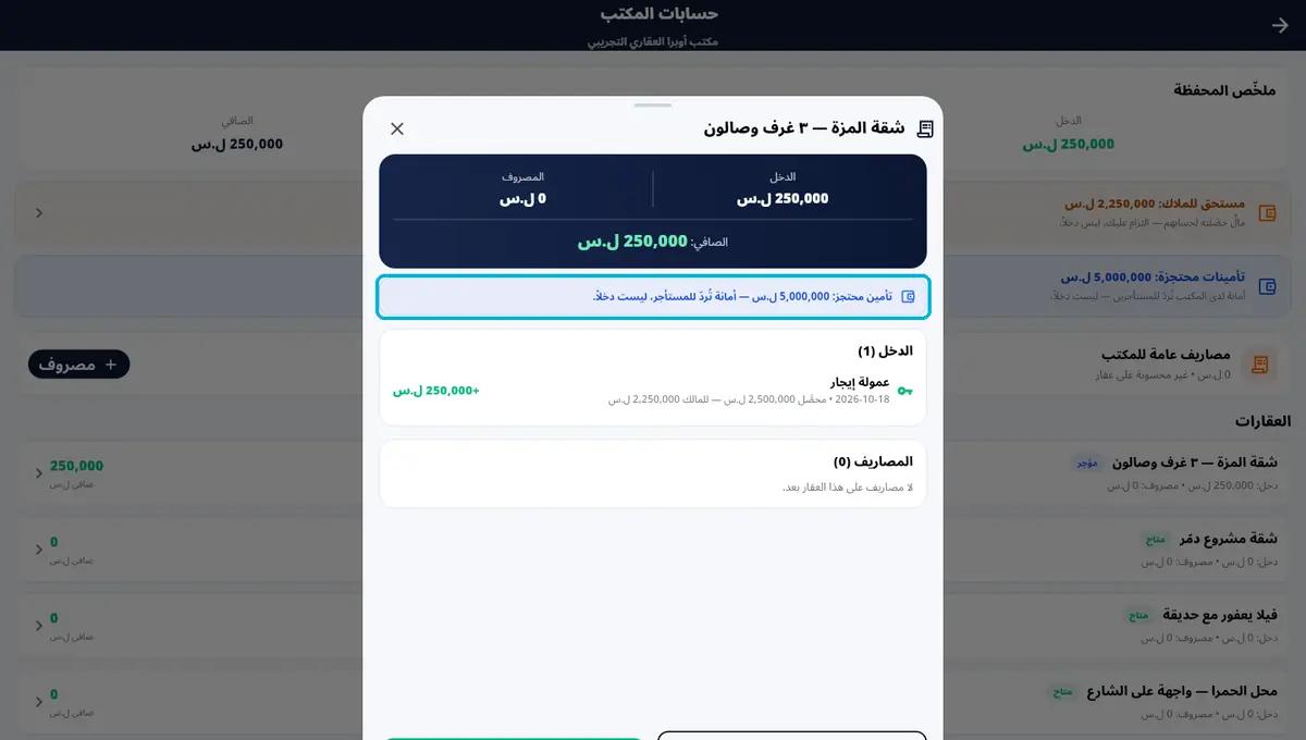 لقطة من أوبرا بلاس: حسابات العقار — دخله · مصروفه · تأمينه