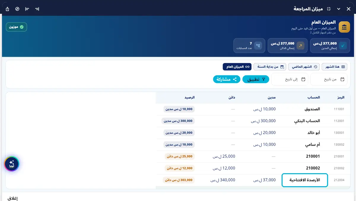 لقطة من أوبرا بلاس: رأس مالك 303,000 — الأرصدة الافتتاحية — تحت رأس المال