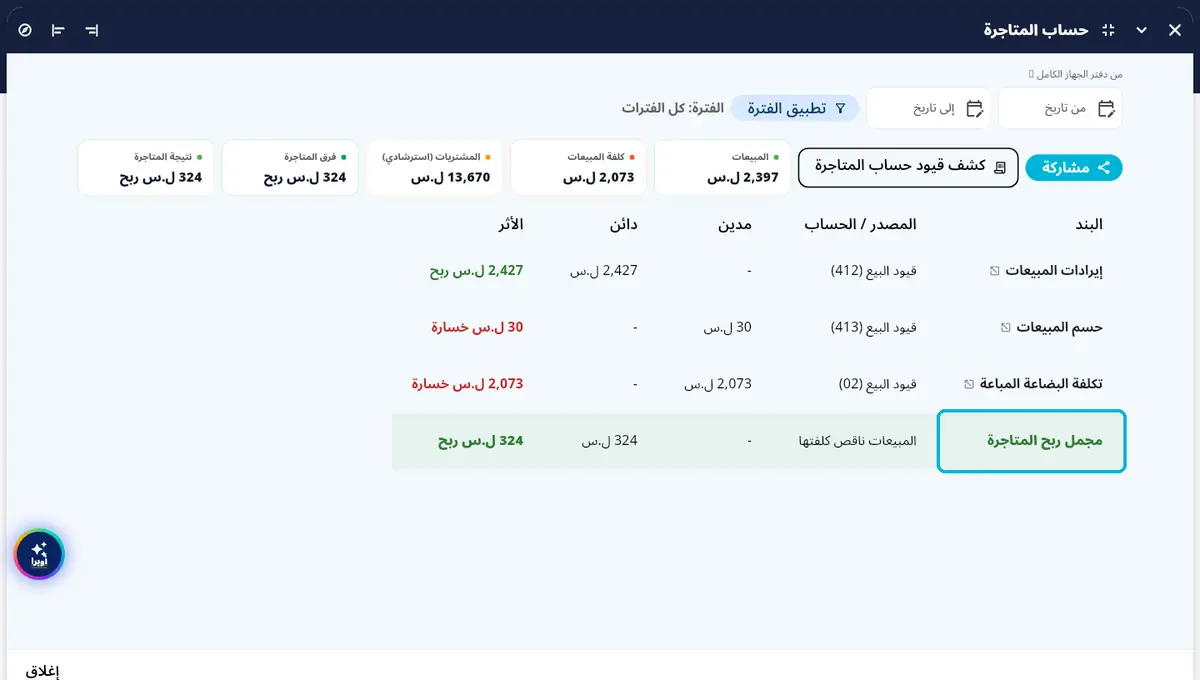 لقطة من أوبرا بلاس: حساب المتاجرة — المبيعات ناقص كلفتها