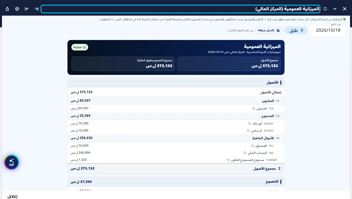 لقطة من أوبرا بلاس: الميزانية العمومية — الأصول = الخصوم + حقوق الملكية